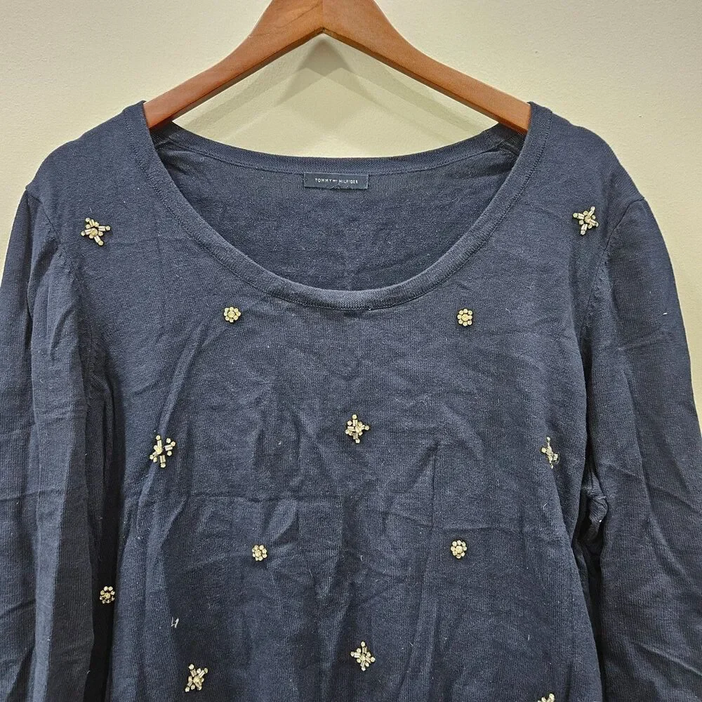 Tommy Hilfiger Womens Embellished Sweater XL Navy Scoop Neck Rhinestone Bling